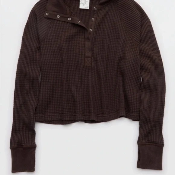 Aerie Offline Dark Brown Waffle Henley Size S Never Worn - Picture 4 of 6